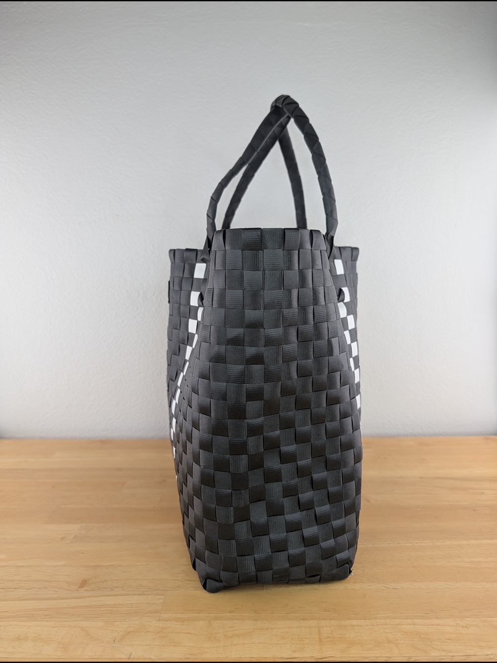 Kate Spade Black White Checker Stripe Basket Weave Woven Tote Bag Beach Shopping - Picture 7 of 16